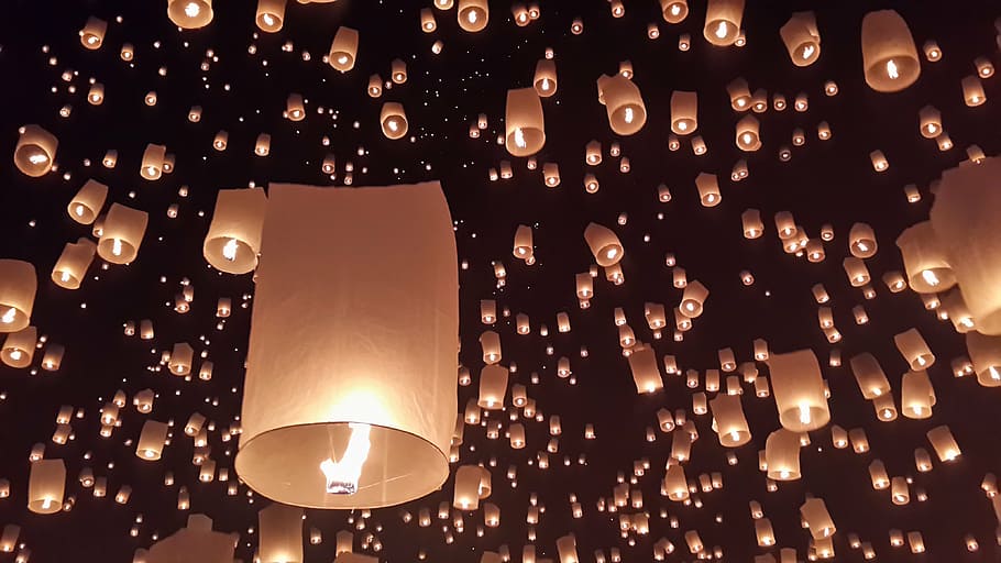 candle balloons during nightime, chiang mai, day light, festival, HD wallpaper