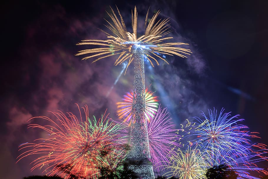 fireworks display near tower during night time, fireworks display near Eiffel Tower, Paris France HD wallpaper