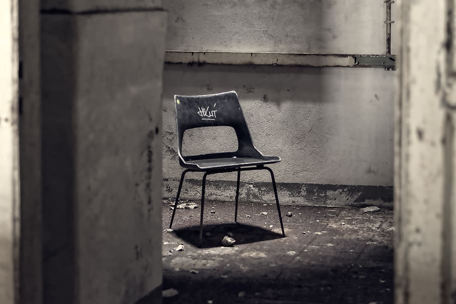 gray metal chair inside concrete room, interrogation, torment, HD wallpaper
