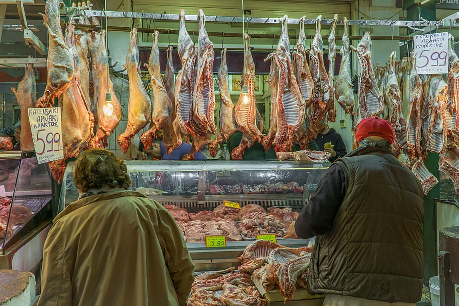 two people standing beside meat shop, butcher, customers, goat meat, HD wallpaper
