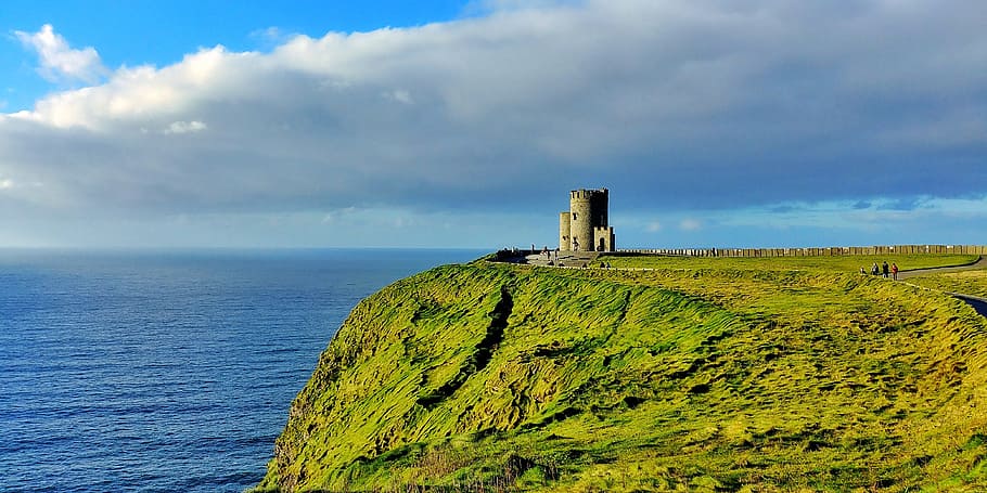 castle, cliffs, mountain, sea, sky, cloud - sky, architecture HD wallpaper