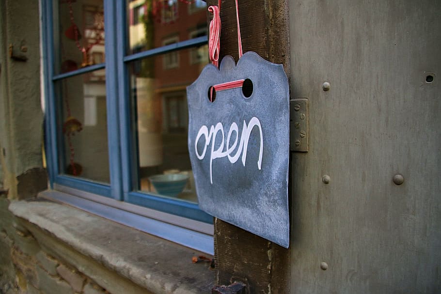 blue framed glass window, open, welcome, note, entry, sign HD wallpaper
