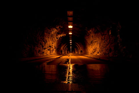 brown tunnel with lights, road in dark area, passage, passageway HD wallpaper