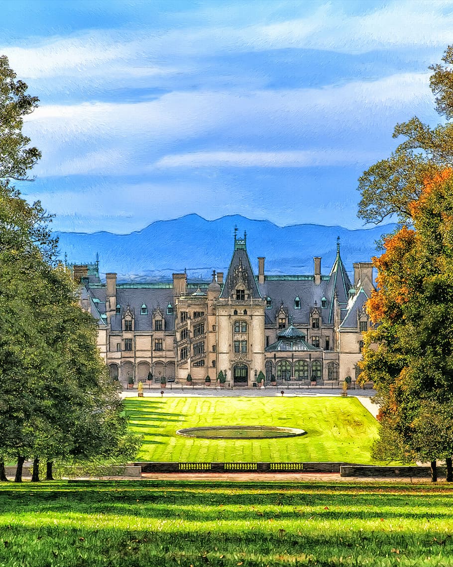 palace in front of garden, estate, biltmore, building, america