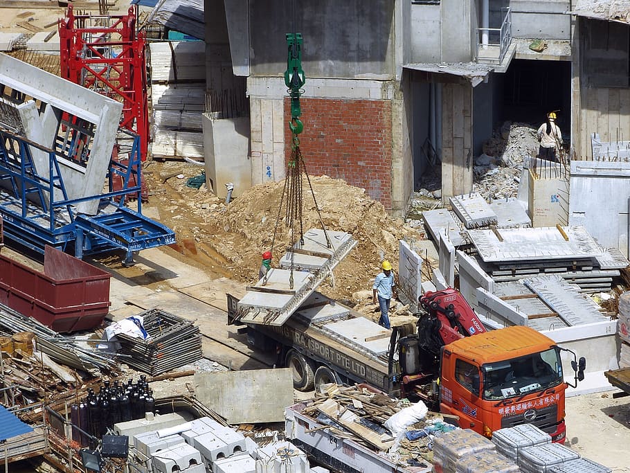 red and black truck, construction, site, crane, building construction HD wallpaper