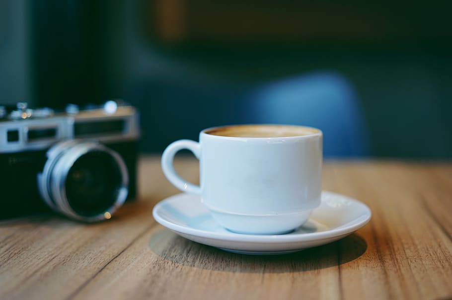 white ceramic cup and saucer on brown surface, camera, photography HD wallpaper