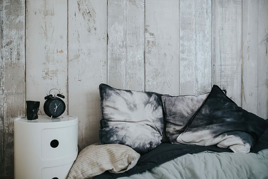 Collection of grey and white pillows, relax, sleep, rest, bed