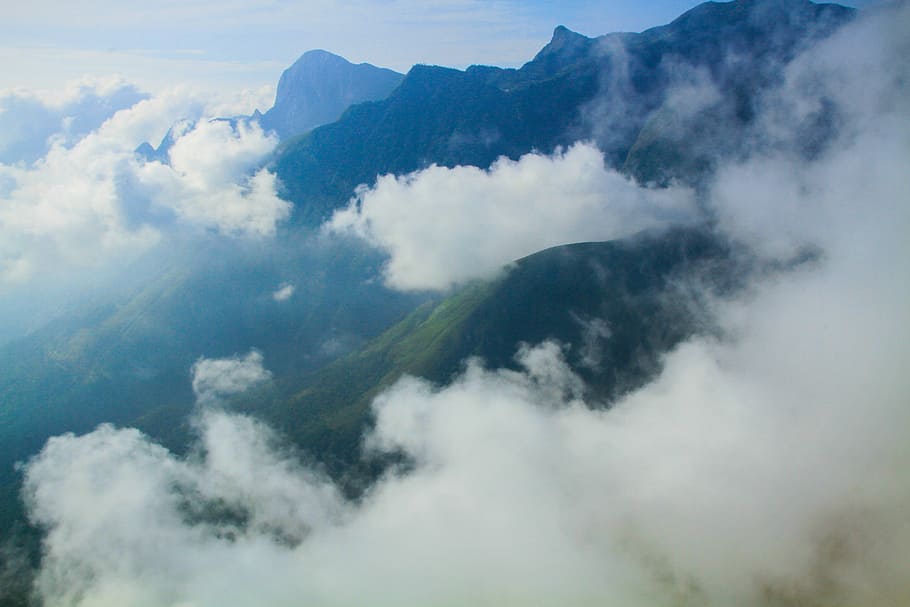 mountain rage view under cloudy sky during daytime, bird's-eye view of mountain hills HD wallpaper