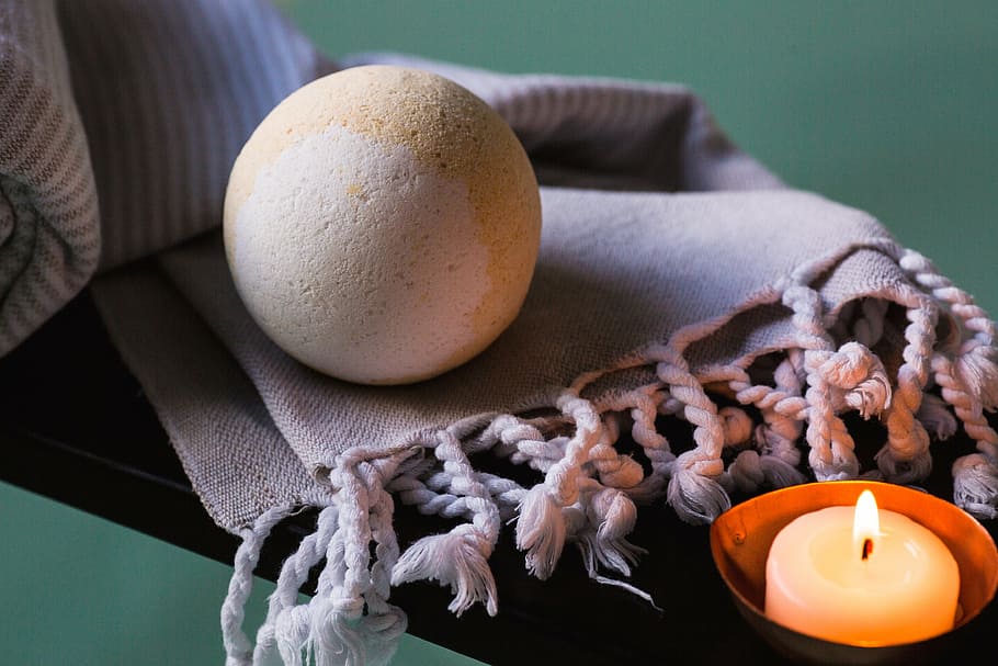 white concrete sphere on gray knitted scarf, bathroom, bombs, HD wallpaper