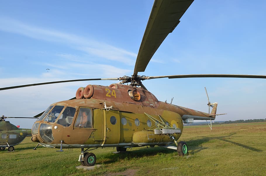 helicopter, blades, old, airfield, mi-8, air vehicle, mode of transportation HD wallpaper