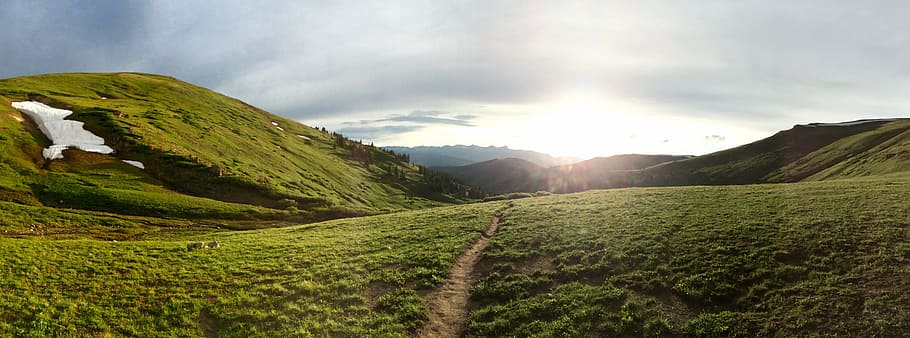 green grass field, path, trail, mountain, sunset, outdoors HD wallpaper