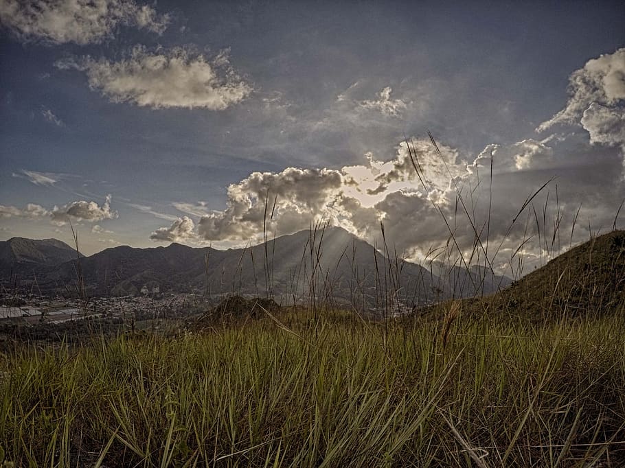 sky, clouds, sunset, mountain, landscape, rays, cloud - sky HD wallpaper