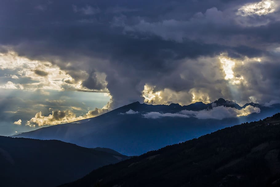 clouds, mountains, sky, sunshine, alpine scenery, nature, sunlight HD wallpaper