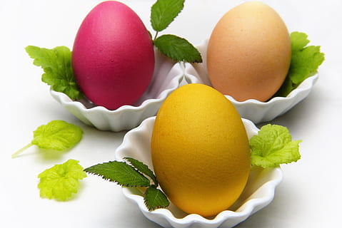 three pink, beige, and gold eggs, food, easter, breakfast, healthy HD wallpaper