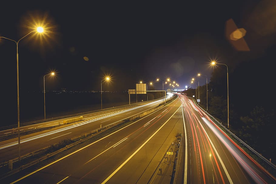 Night Car Lights on The Road, traffic, transportation, highway