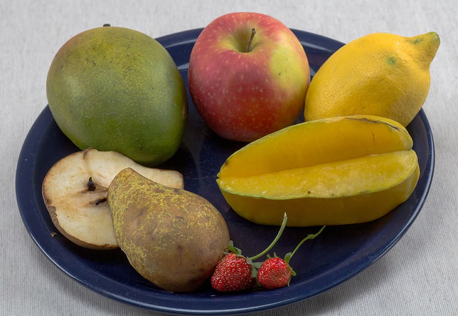 fruit, fruit plate, lemon, apple, pear, star fruit, carambola HD wallpaper