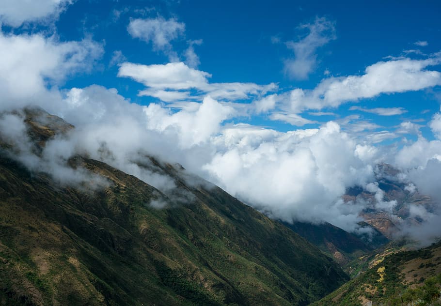 view of mountain covered with green grass and white clouds during daytime, mountain cover with trees and white clouds photography HD wallpaper