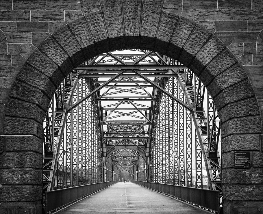 architecture, infrastructure, bridge, road, people, steel, black and white HD wallpaper