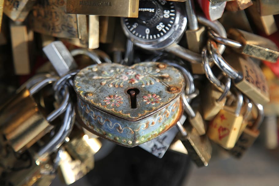 brass-colored padlocks, locksmith, paris, bridge, key, metal HD wallpaper
