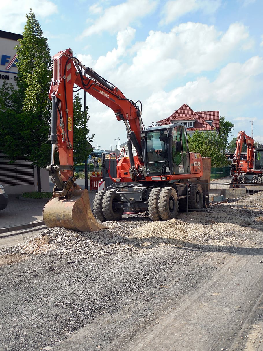 excavators, construction machine, site, road construction, backhoe bucket HD wallpaper