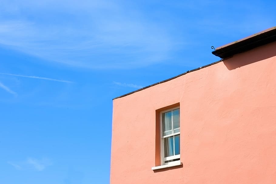 house, window, edge, wall, architecture, tangerine, blue sky HD wallpaper