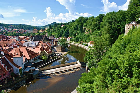 czech krumlov, view, river, weir, old town, landscape, south bohemia HD wallpaper
