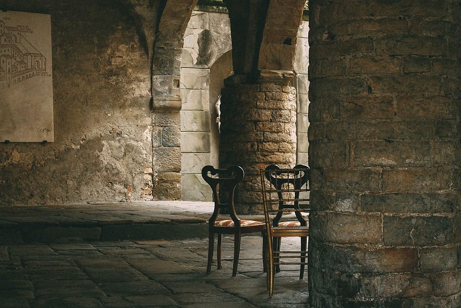 brown armless chairs inside a brown building, antique, architecture