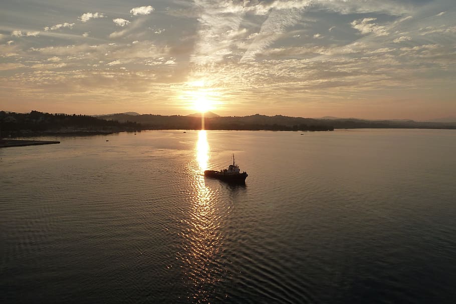 sunset, sea, boat, sky, water, nautical vessel, transportation HD wallpaper