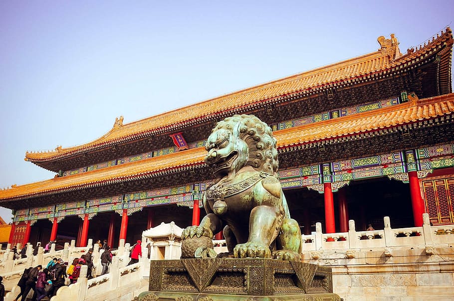 Chinese Guardian Lions statue, peking, forbidden, tourism, china