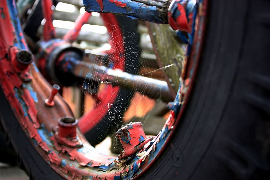 wheel, cobweb, spider webs, mature, old, rusted, verwettert