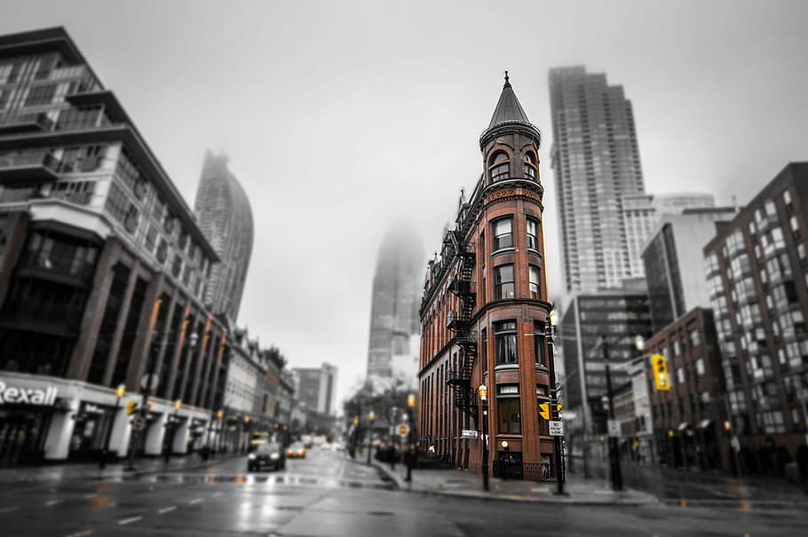 Gooderham Vibes, selective color photography of high rise buildings, HD wallpaper
