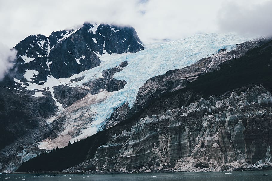 glacier, mountain, snow, hillside, water, lake, ocean, park, HD wallpaper