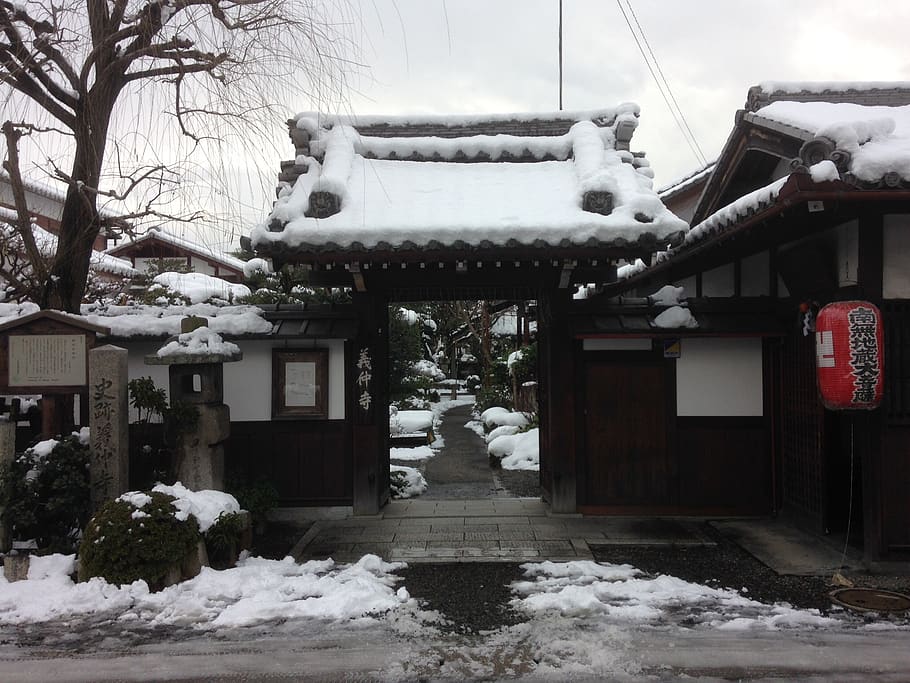 yoshinaka temple, basho, snow, cold temperature, architecture HD wallpaper