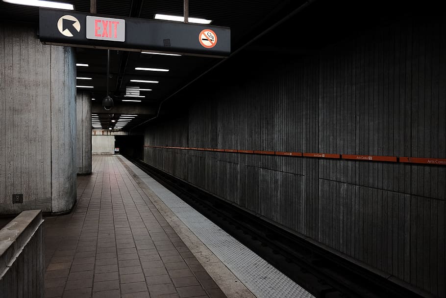 train, station, rail, trail, exit, signage, lights, illuminated HD wallpaper
