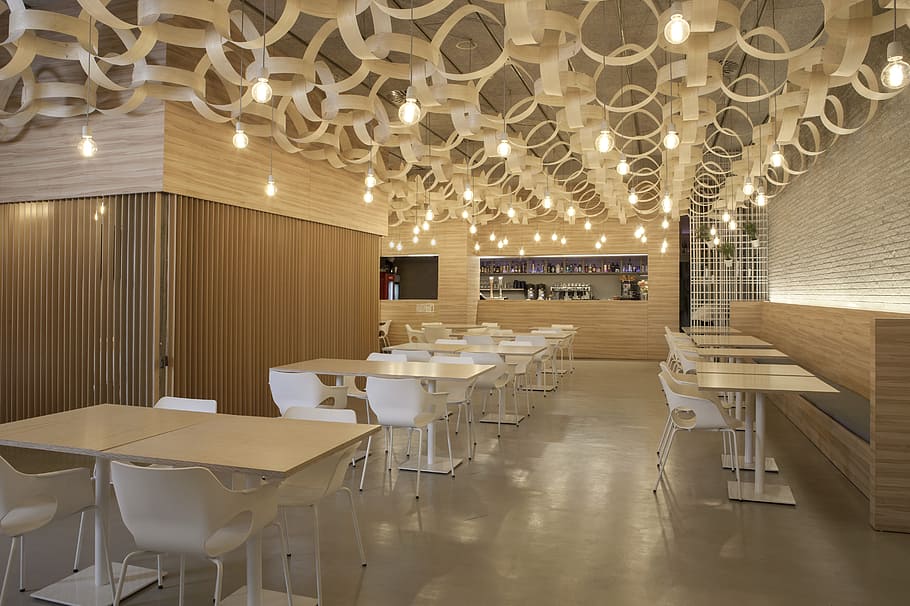 white wooden table set inside building, Interior Design, Cafe