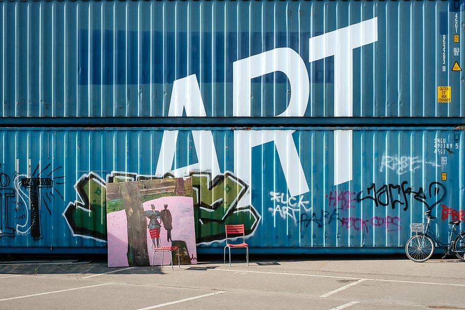assorted-color graffiti on blue metal containers during daytime, two blue intermodal trailers HD wallpaper
