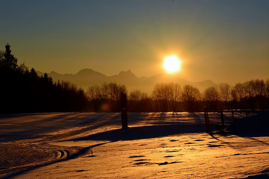 Winter, Snow, Sunset, Wintry, evening sky, afterglow, snowfield HD wallpaper
