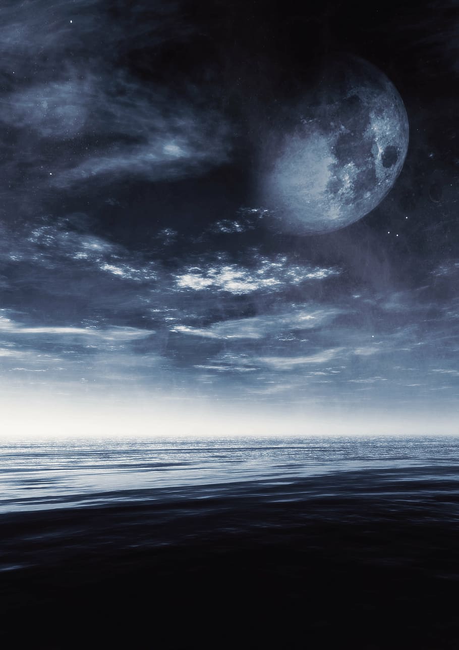 rippling body of water under gibbous moon, landscape, sea, sky HD wallpaper