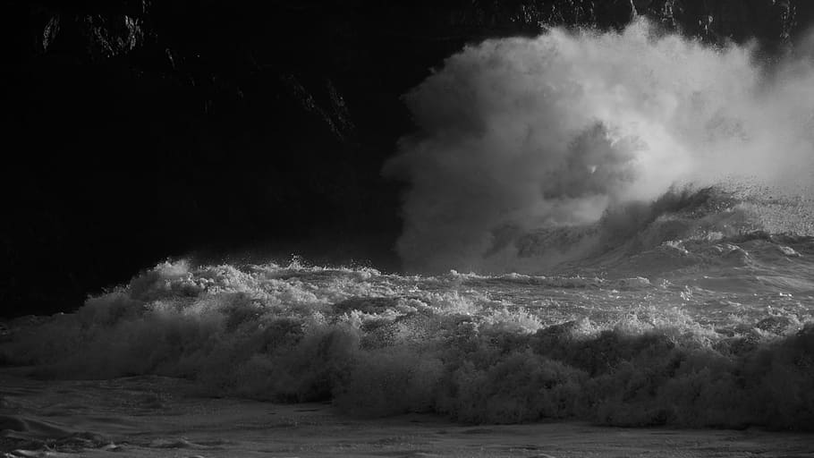 grayscale photo of windwave, grayscale photo wave, sea, ocean HD wallpaper