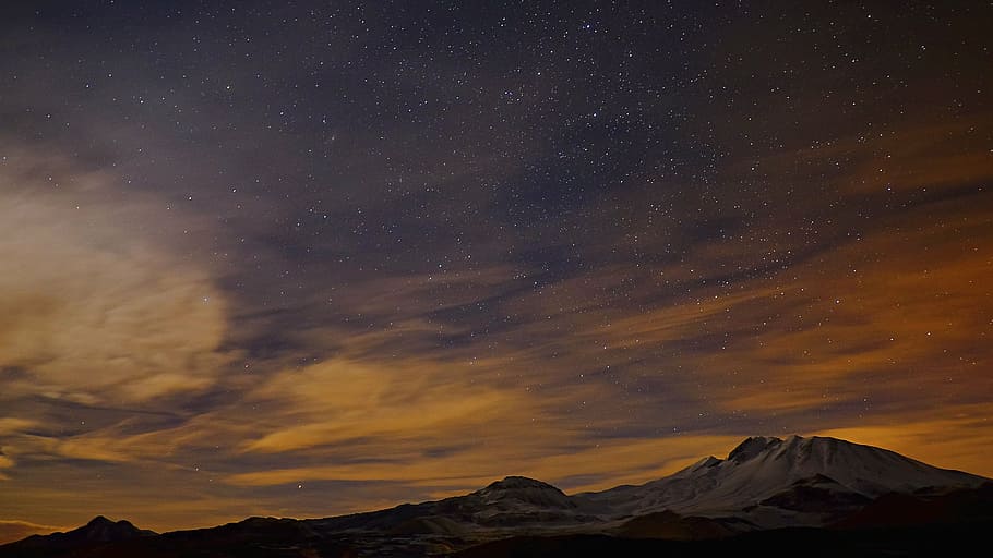 snow-covered mountain under cloudy sky during nighttime, nature HD wallpaper