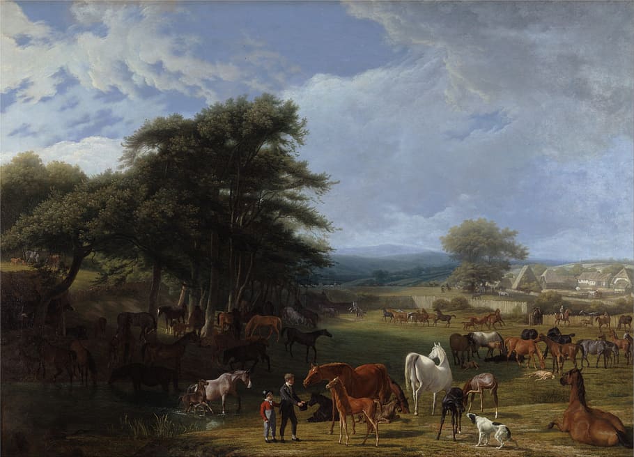man and child on field with herd of horses painting, jacques agasse