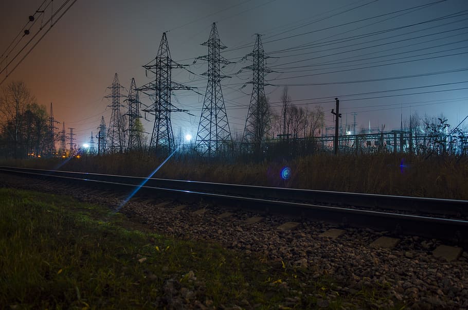 rails, railway, electric power, wire, lap, power line, transmission towers, HD wallpaper