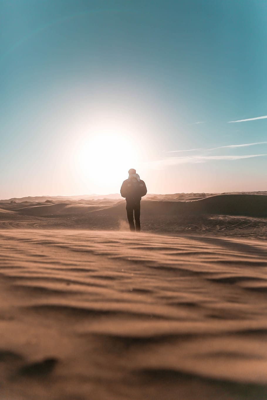 person standing on desert land, man walking towards in the middle of desert