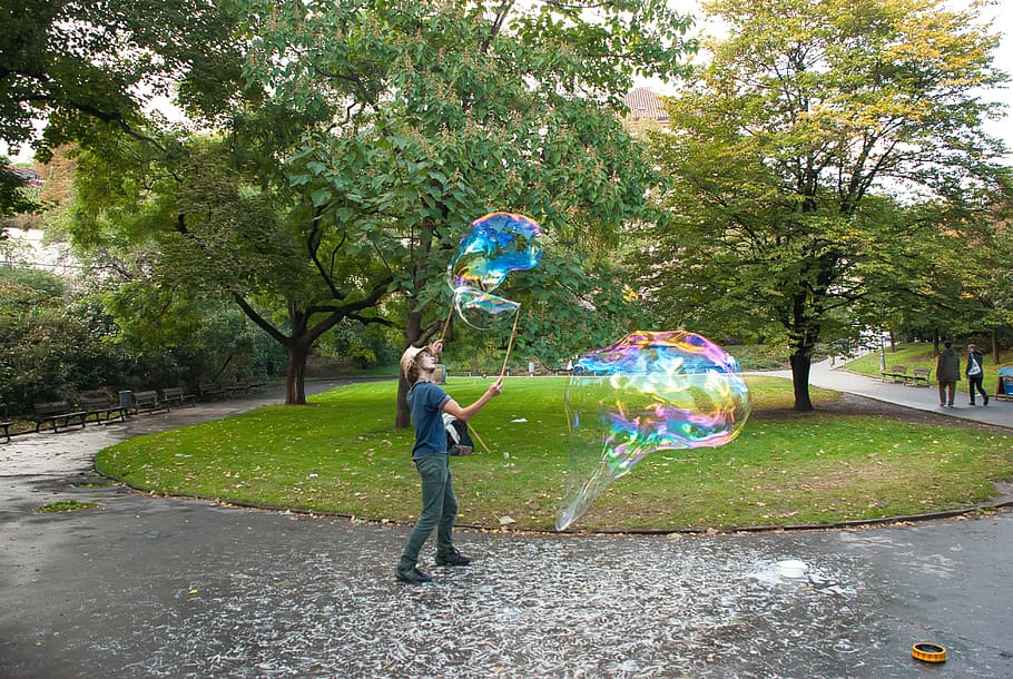 soap bubbles, park, big bubbles, circus, prague, tree, plant HD wallpaper
