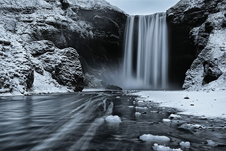 grayscale photo of waterfalls, photo of a water falls, snow, stream, HD wallpaper
