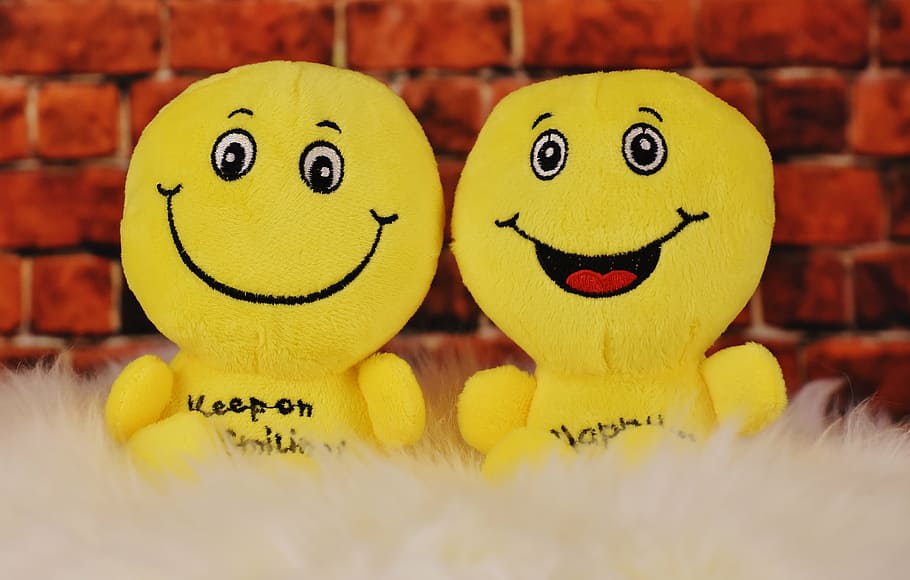 two yellow emoji plush toys, happy, smilies, cute, funny, cheerful, HD wallpaper