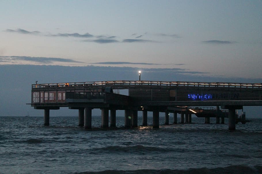 bridge, twilight, dusk, water, abendstimmung, sky, sea, nature HD wallpaper