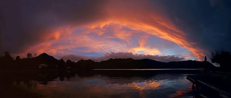 photo of sunset in river, lake, water, panorama, abendstimmung HD wallpaper