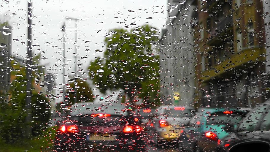 vehicle window covered by water droplets, rain, raindrop, traffic HD wallpaper