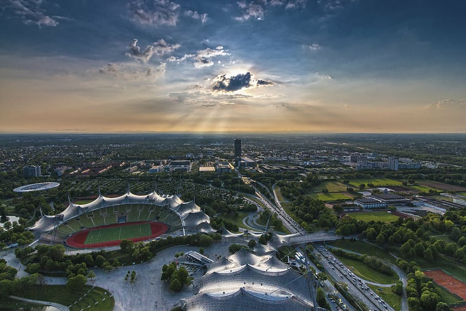 aerial view of soccer field, munich, olympia tower, tv tower